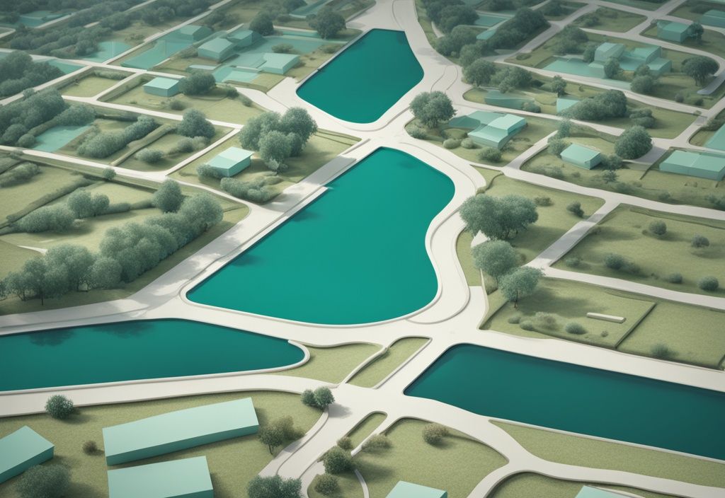 Modern photorealistic illustration of teal-themed land severance in real estate, showing two divided plots.