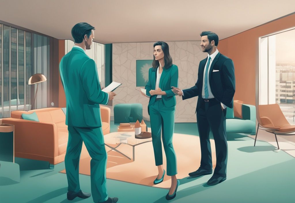 Photorealistic illustration of a teal-themed real estate negotiation with a sub agent mediating between buyer and seller.