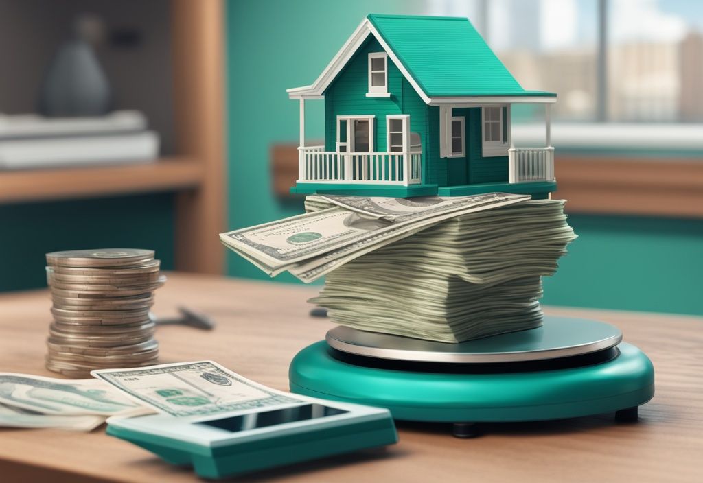 Photorealistic illustration of teal-themed scales weighing cash against a tiny house with a legal document, symbolizing real estate wholesaling legality.