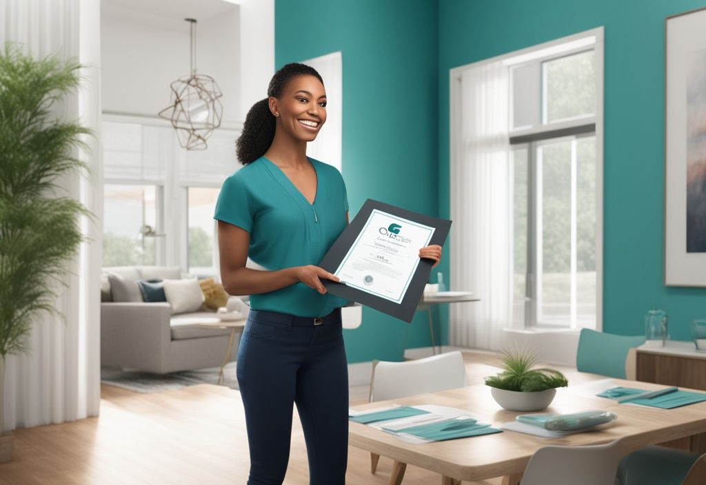 Modern photorealistic illustration of a smiling real estate agent handing a 'COE' document to a new homeowner, highlighting what does COE mean in real estate with a teal color theme.