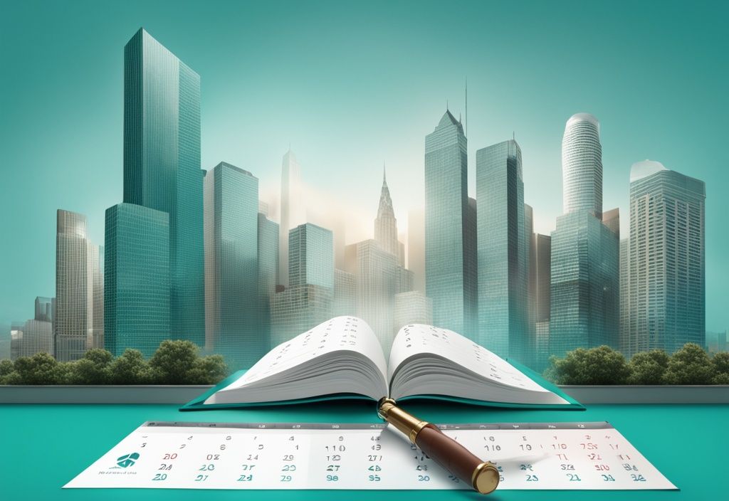 Modern photorealistic illustration featuring a 2025 calendar with houses and skyscrapers, magnifying glass highlighting "real estate laws," emphasizing upcoming real estate laws in 2025, with a teal color theme.