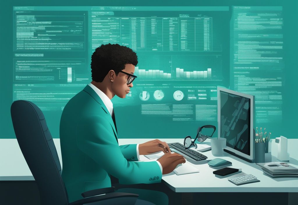 Photorealistic illustration of a business professional analyzing gross commission income percentages on a computer screen, teal color theme.