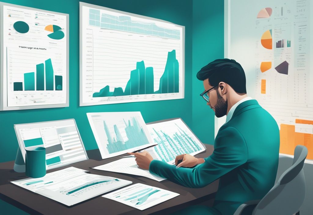 Photorealistic illustration of a focused professional working with teal-themed key performance indicators in a business environment.