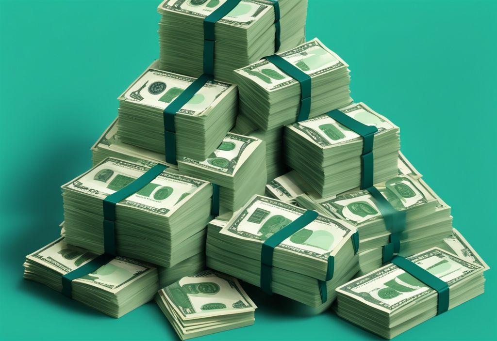 Modern photorealistic illustration of six ascending stacks of money in teal color, symbolizing growth and investment, keyword: money6x in real estate.