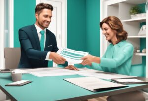 Modern photorealistic illustration of a real estate agent handing a ratified contract to a satisfied home buyer, illustrating what is ratification in real estate, with a teal color theme.