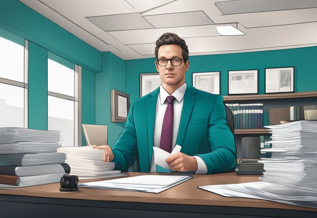 Modern photorealistic illustration of a confident attorney in a teal-themed office, surrounded by real estate litigation documents.