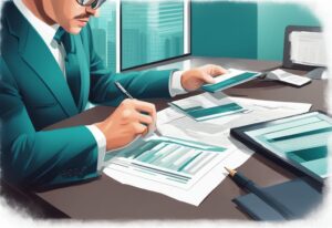 A professional analyst in formal attire examines real estate financial data with a magnifying glass at a modern office desk, illustrating how a financial analysis in real estate is being done, with a teal color theme.