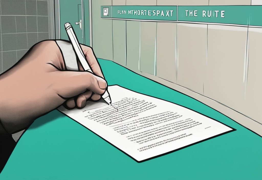 Photorealistic illustration of a hand signing a contract with a highlighted escape clause in real estate, featuring a teal color theme and a symbolic door in the background as an exit route.