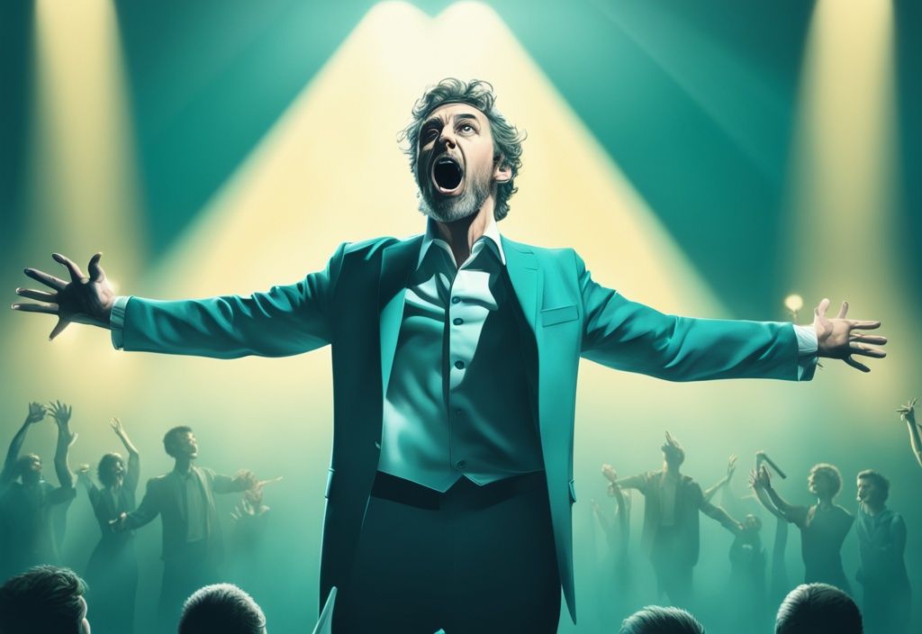 Professional theatre actor in a specific performance, captured in a dramatic, expressive moment on stage under a bright spotlight, with a modern photorealistic teal theme.