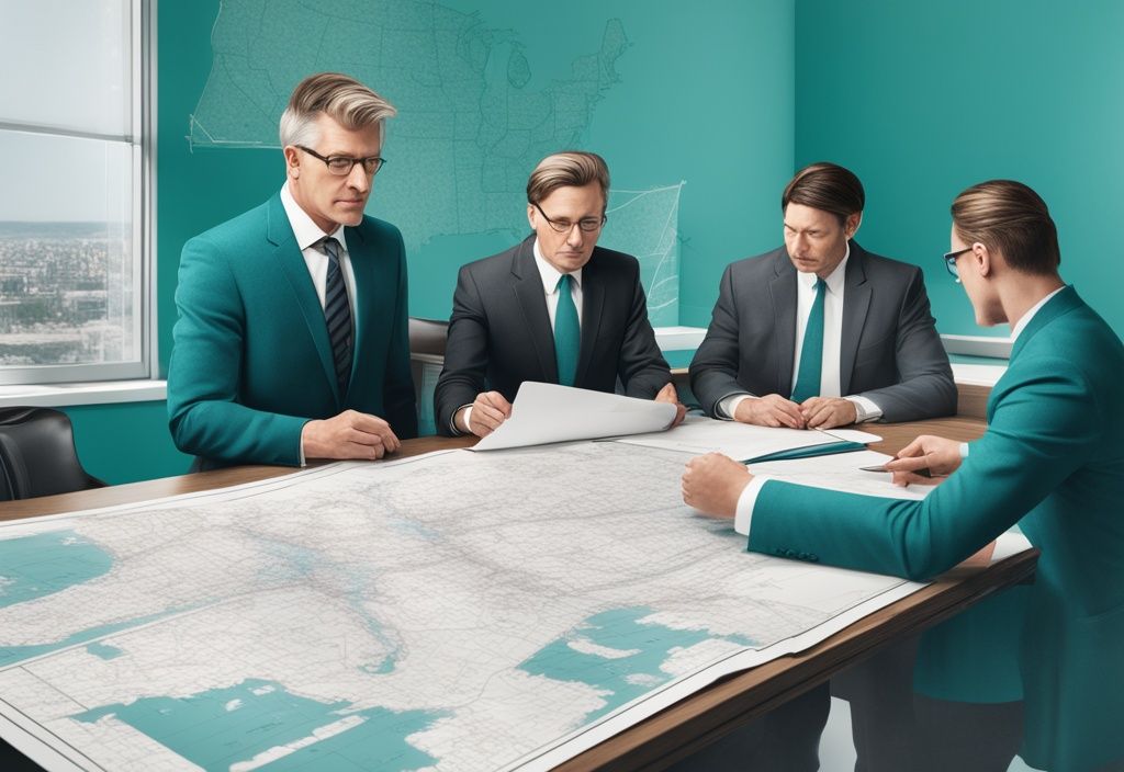 Modern photorealistic illustration of professional lawyers in teal theme, featuring Maine map backdrop, legal documents, and property blueprints.