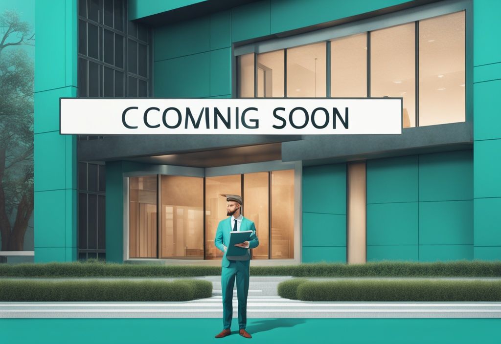 Confident entrepreneur holding a blueprint in front of a modern building with a "Coming Soon" sign, representing how to start a real estate business in Kenya, with a teal color theme.