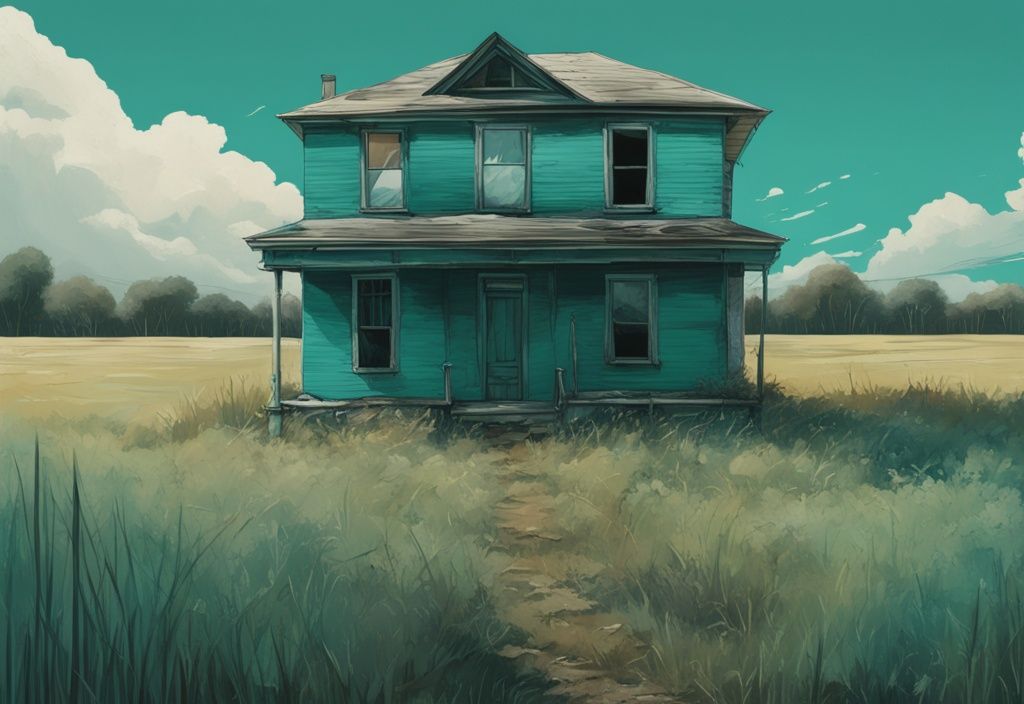 Abandoned dilapidated house in overgrown field, showcasing reliction real estate and neglect, with a modern photorealistic teal theme.