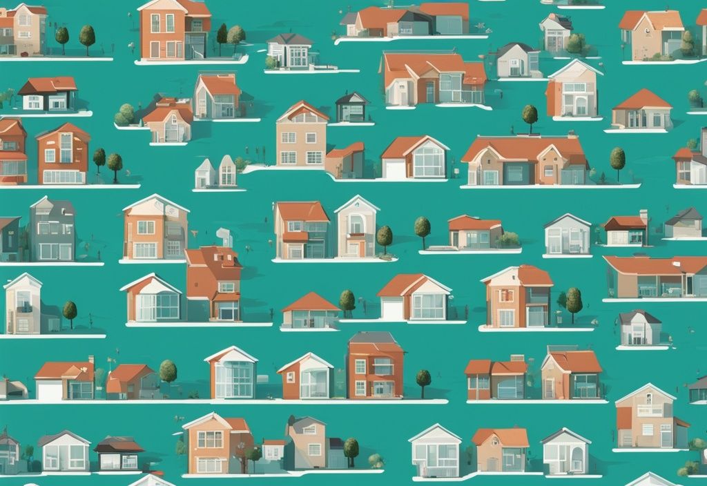 Panoramic illustration of real estate properties with teal theme, featuring icons for operating expenses such as maintenance, insurance, and taxes.