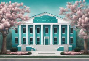 Modern photorealistic illustration of Magnolia School of Real Estate building surrounded by blooming magnolia trees, featuring a teal color theme.