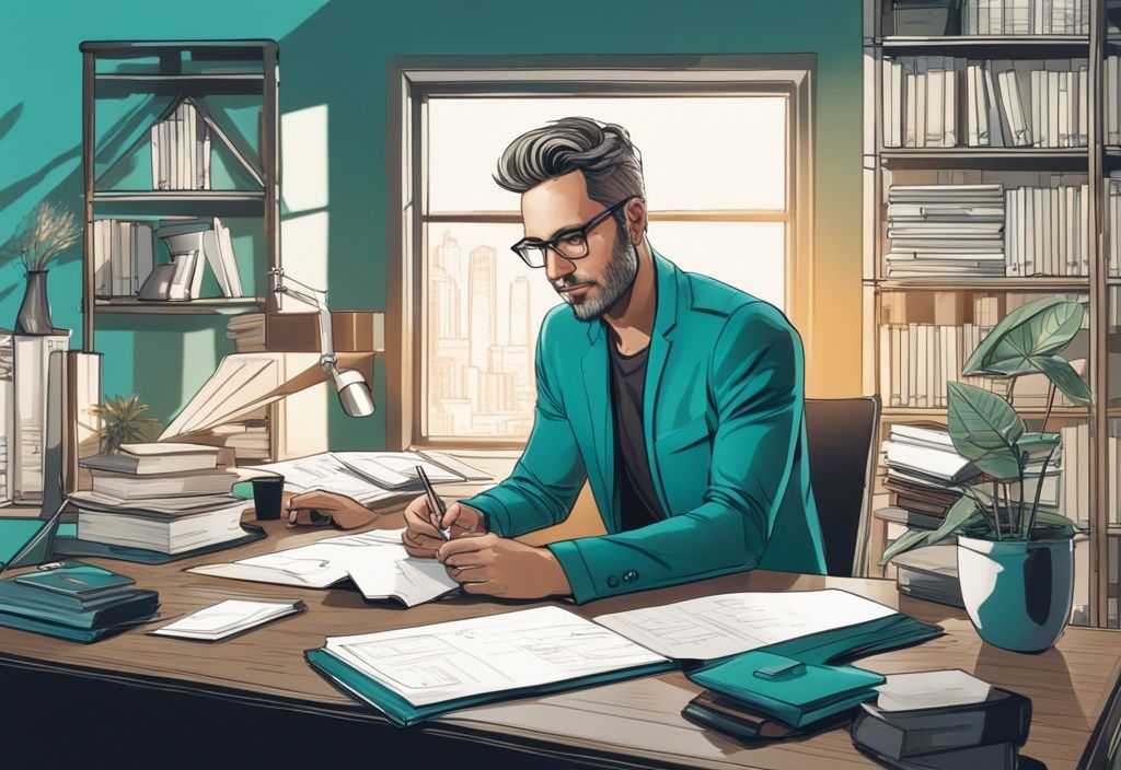 Modern photorealistic illustration of a successful real estate novelist at a sleek desk in a stylish loft, surrounded by blueprints, house models, and books, with a teal color theme.