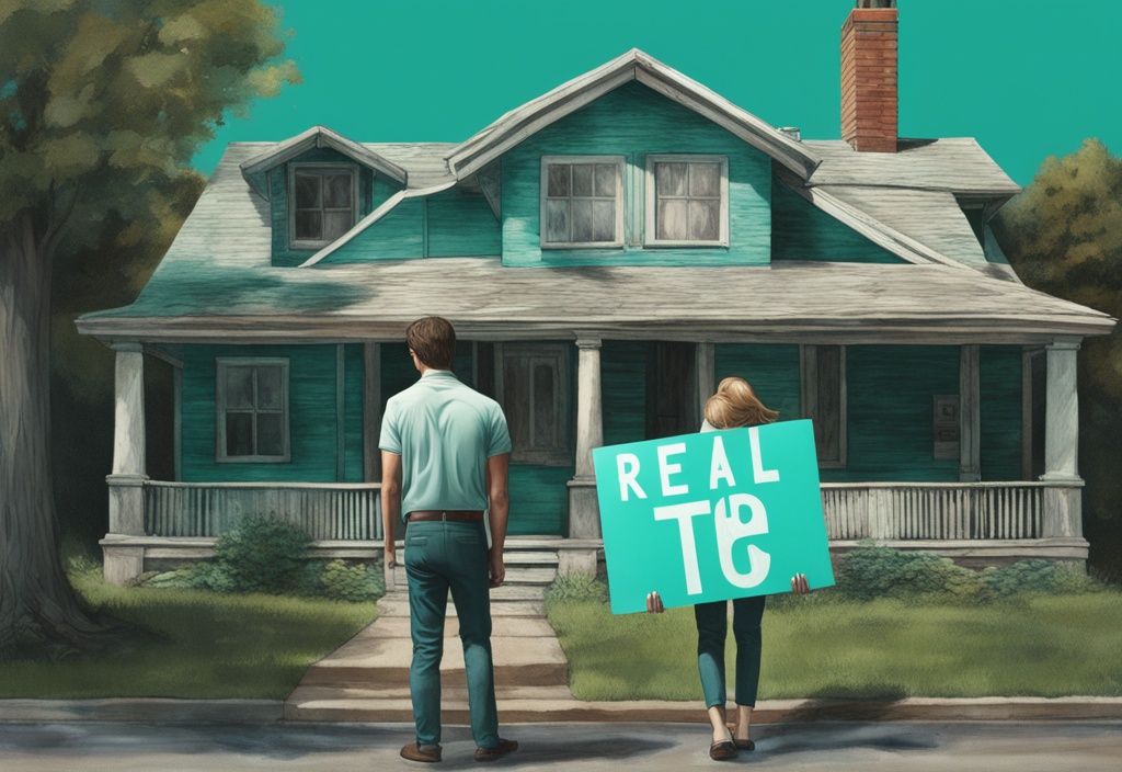 Photorealistic illustration of a teal-themed dilapidated home with a puzzled young couple holding a TLC board, symbolizing real estate improvement needs.