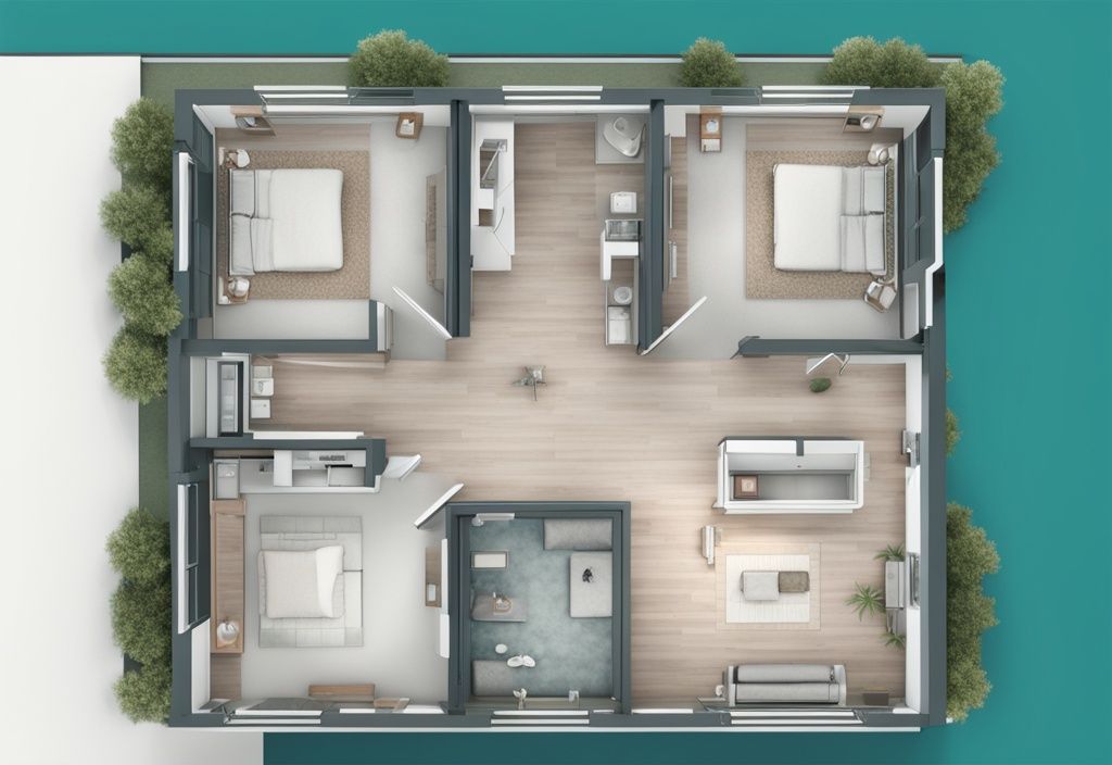 Modern photorealistic teal blueprint of spacious residential building with highlighted rentable square footage (RSF) sections.