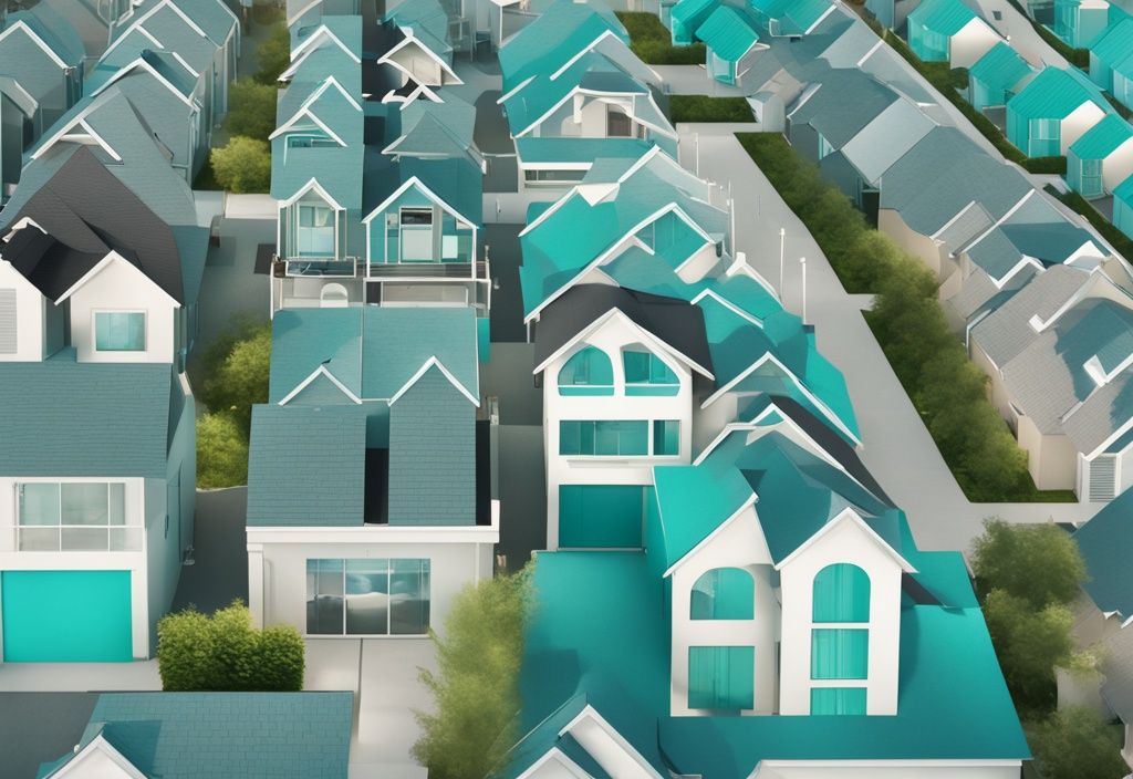 Modern photorealistic illustration of a diverse neighborhood with teal color theme, showcasing various properties and a graph overlay depicting fluctuation in property values, illustrating what is a variance in real estate.