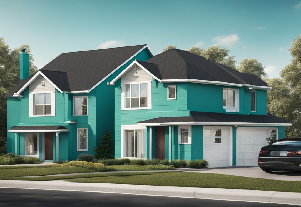 Photorealistic illustration of teal-themed properties showcasing real estate plottage concept by combining two lots into a larger one.