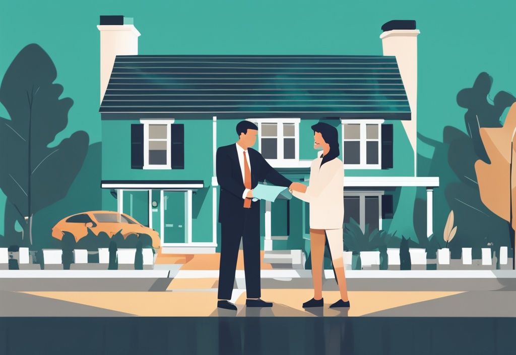 Photorealistic illustration of a property manager handing keys to a new owner, teal color theme, real estate asset disposal.