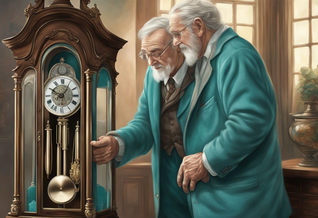 Photorealistic illustration of an aged man transferring an ornate grandfather clock to a younger person, symbolizing the grandfather clause, with a teal color theme.