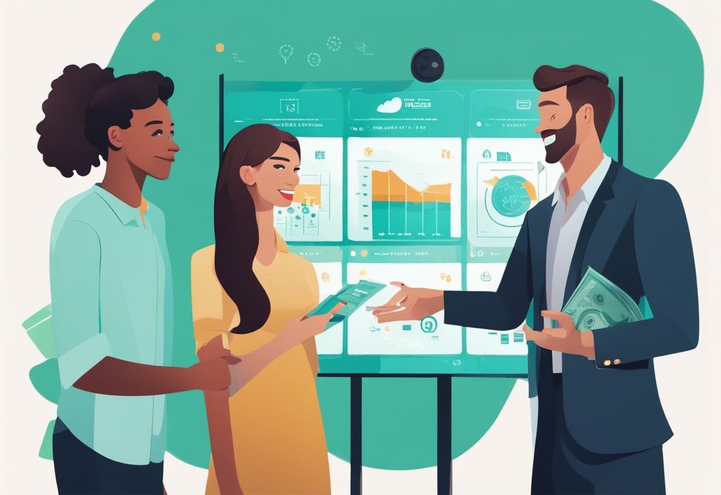 Modern photorealistic illustration of a real estate agent explaining creative financing options to a young couple on an interactive screen, featuring teal-themed icons of houses, money, and graphs.