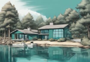 Modern photorealistic illustration of a serene lakeside property with teal color theme, highlighting littoral rights in real estate through marked property lines.