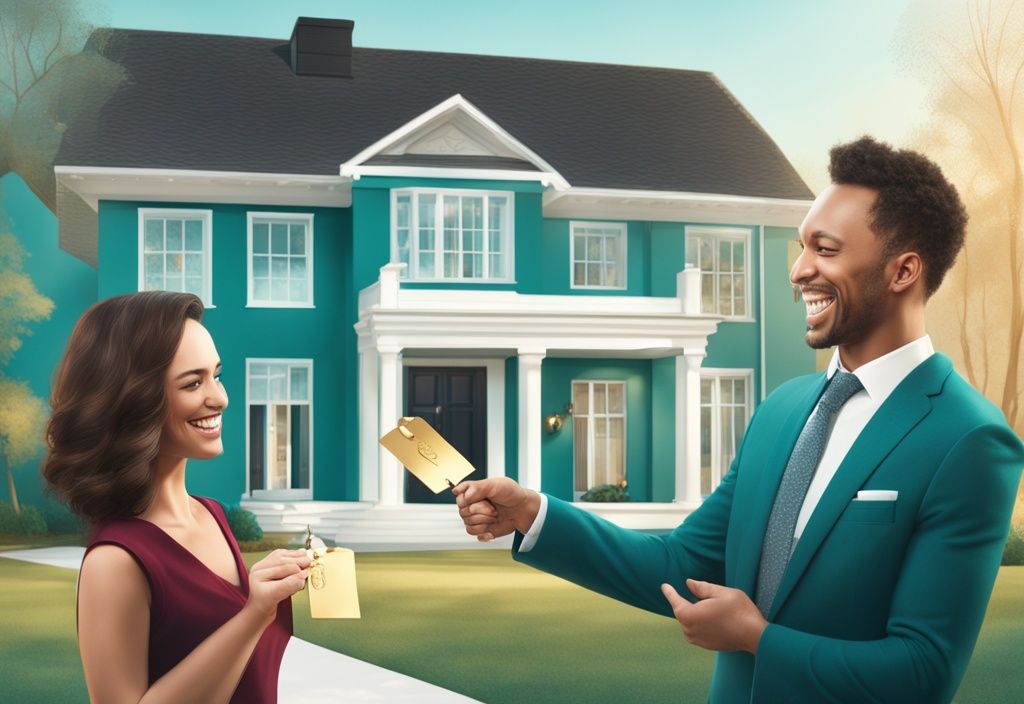 Modern photorealistic illustration of a realtor handing a shiny gold key labeled 'Marketable Title' to a happy couple in front of a beautiful house, illustrating what is a marketable title in real estate.