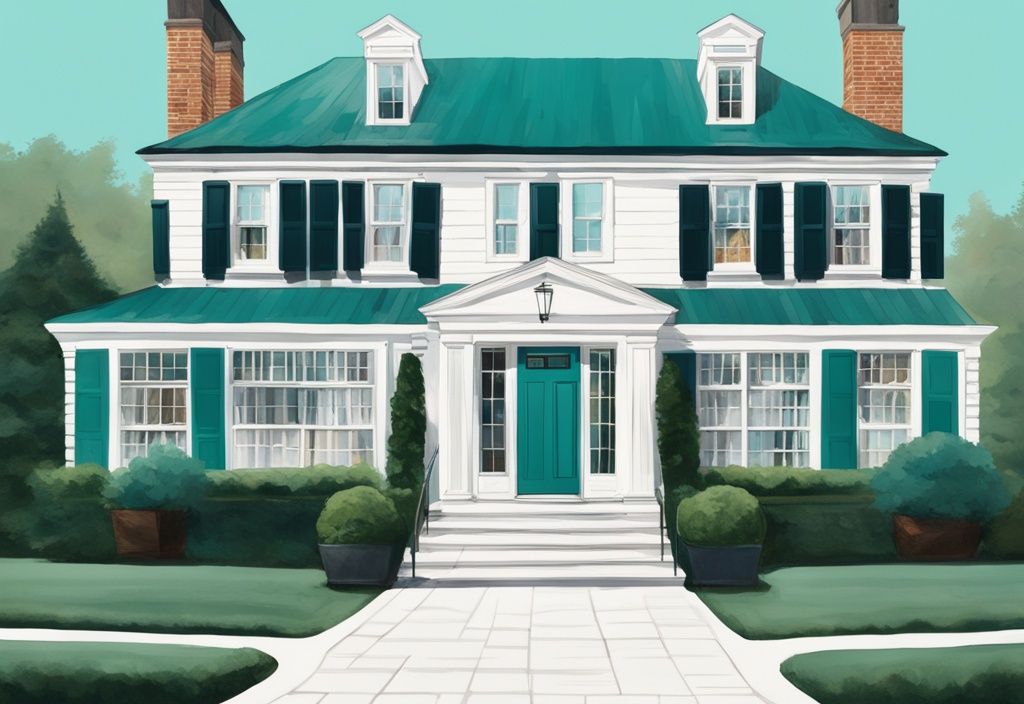 Modern photorealistic illustration of confident real estate agents in teal theme in front of luxurious Greenwich, CT properties.