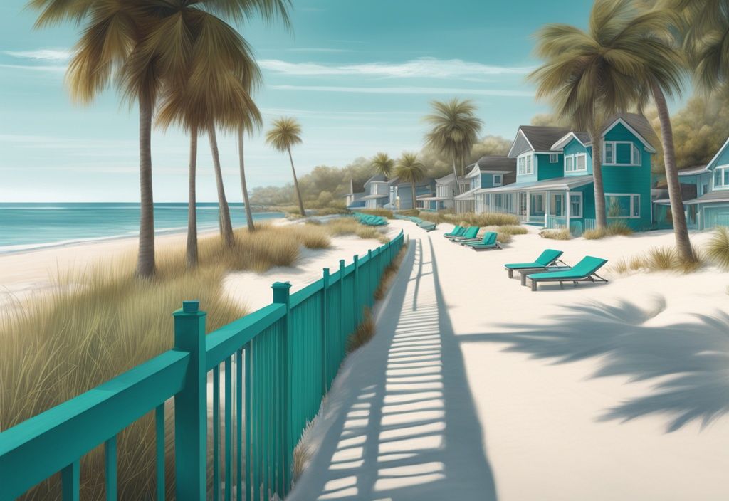 Photorealistic illustration of diverse beachfront properties on a teal-themed shoreline, showcasing littoral rights.