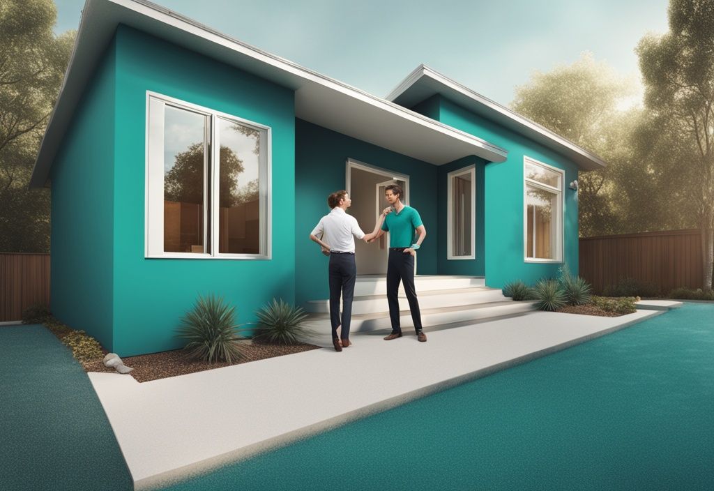 Photorealistic illustration of a realtor explaining to a couple about property annexation, showing two adjacent properties with a marked border, highlighting what is annexation in real estate, with a teal color theme.