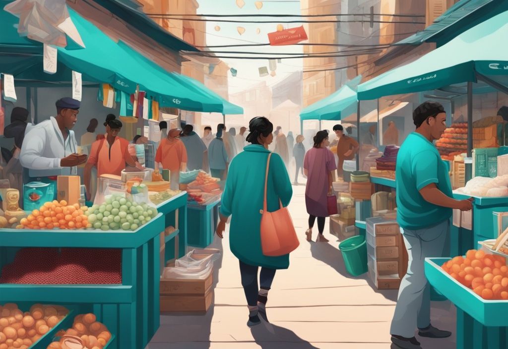 Modern photorealistic illustration of a teal-themed bustling marketplace scene, featuring a focused vendor in real estate engaging with customers behind a colorful stall of diverse products.