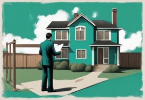 Photorealistic illustration of a teal-themed unoccupied house with a "Lis Pendens" sign, featuring a distressed seller and lawyer discussing a document, highlighting what is lis pendens in real estate.