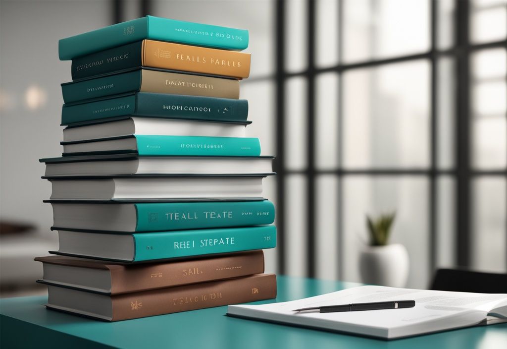 Modern photorealistic illustration of a stack of the 10 best real estate books on a stylish desk in a professional setting, featuring a teal color theme.