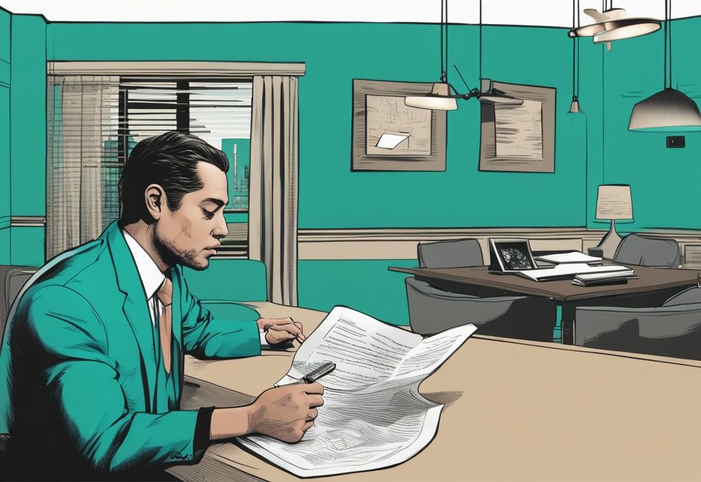 Modern photorealistic illustration of an individual studying real estate in teal theme, with a thought bubble depicting a gavel, symbolizing a past misdemeanor, addressing the question: can you be a real estate agent with a misdemeanor.