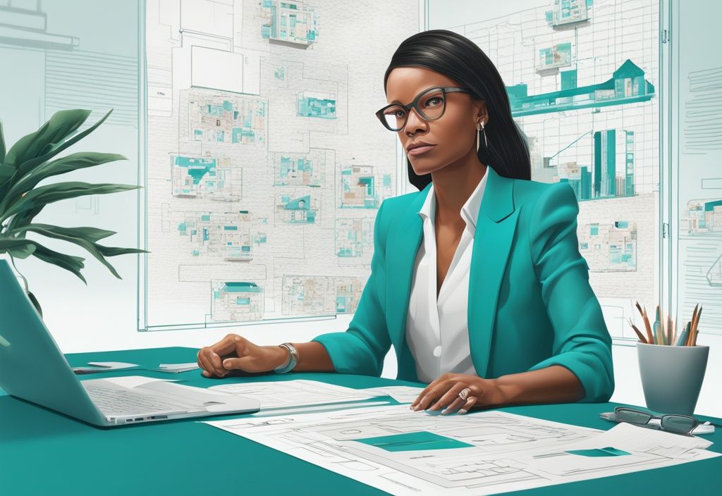 Photorealistic illustration of a real estate transaction coordinator at a sleek desk with teal-themed property listings and flowcharts.