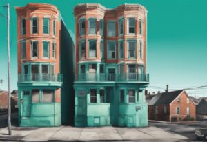 Split screen image featuring a teal-themed modern photorealistic illustration of an old run-down building symbolizing conversion versus vibrant residential properties representing commingling in real estate.