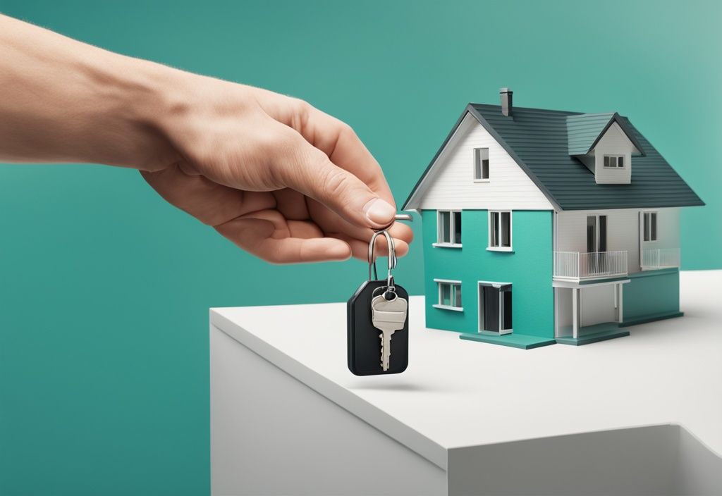 Real estate agent handing house key to new homeowner, symbolizing property conveyance, in a modern teal-themed photorealistic illustration.