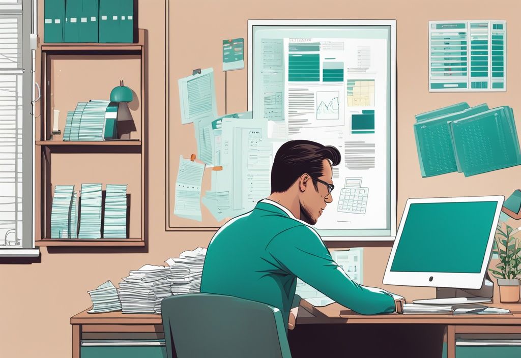 Photorealistic illustration of a professional managing real estate transactions at a desk, featuring teal color theme, paperwork, desktop computer with spreadsheet, for sale sign, and house model.