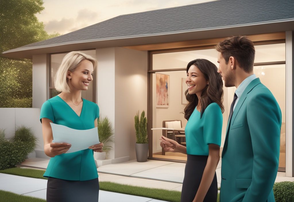 Photorealistic illustration of a real estate agent explaining CTG to a couple in front of a teal-themed property listing board.