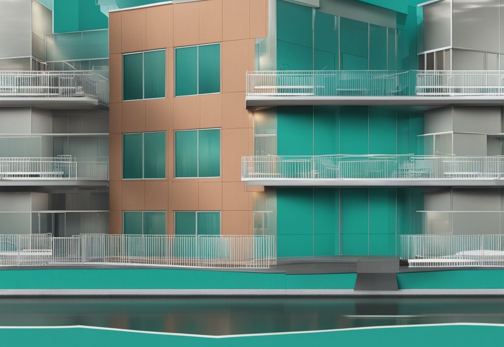 Modern photorealistic illustration of three properties marked with PID tags, teal color theme, real estate background.