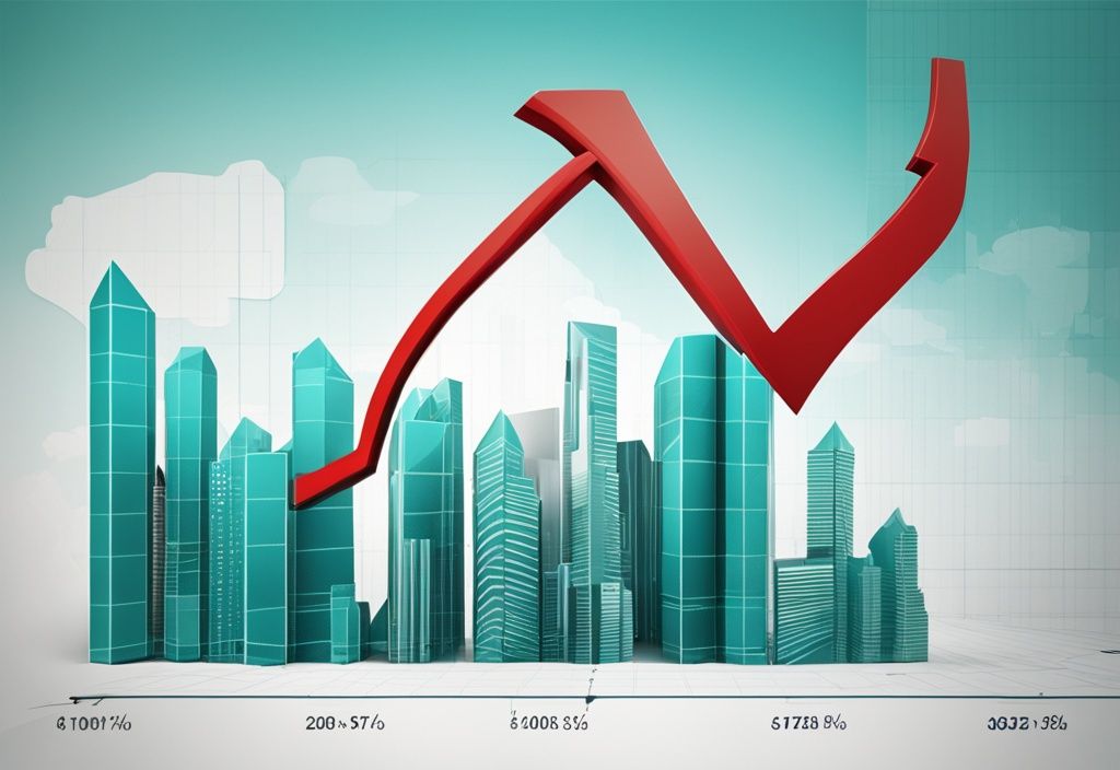 Photorealistic teal-themed illustration of an ascending graph with real estate images, highlighting accelerated depreciation with a red arrow.