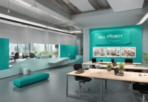 Modern photorealistic illustration of a teal-themed real estate sales office, featuring a property lifecycle board highlighting the disposition stage, answering what is disposition in real estate.