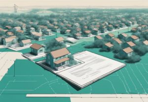 Modern photorealistic illustration of land division with teal theme, depicting severance in real estate; includes signed documents, explaining what is severance in real estate.