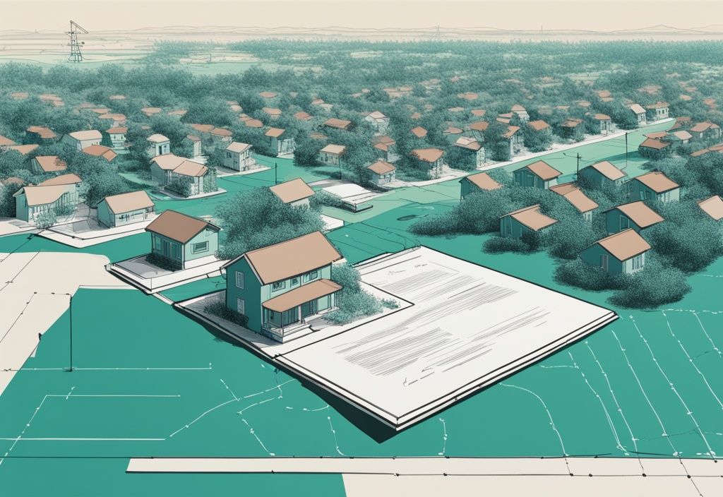 Modern photorealistic illustration of land division with teal theme, depicting severance in real estate; includes signed documents, explaining what is severance in real estate.