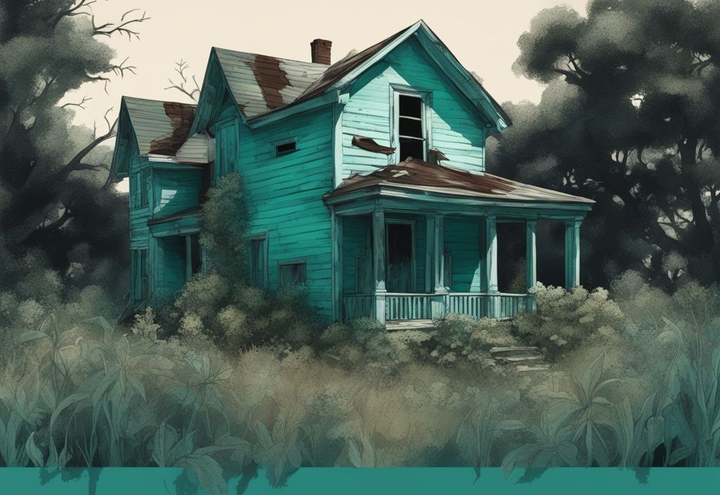 Photorealistic illustration of an abandoned house with teal tones, overgrown vegetation, symbolizing reliction real estate.