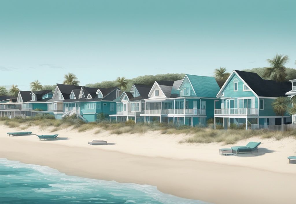 Modern photorealistic illustration of diverse beachfront properties along a pristine shoreline, highlighting littoral rights with a teal color theme.