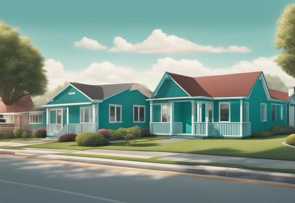 Photorealistic illustration of two teal-themed neighboring houses with one owner encroaching on the other's property boundary.