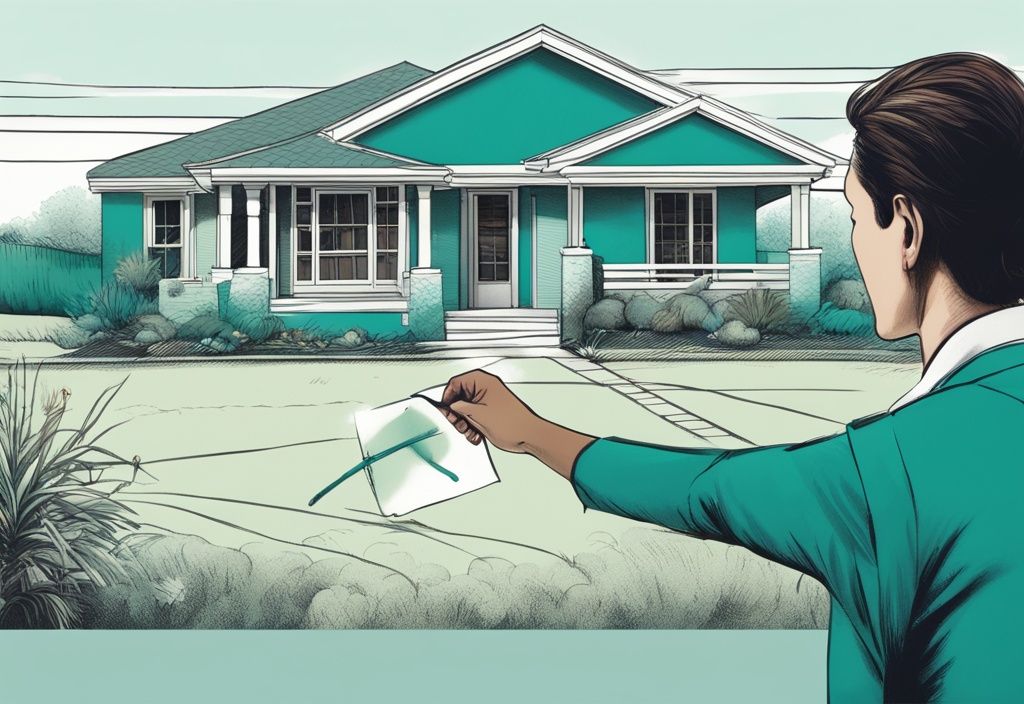 Photorealistic teal illustration of a real estate agent pointing at a house on a sketched plot of land with dotted borders.