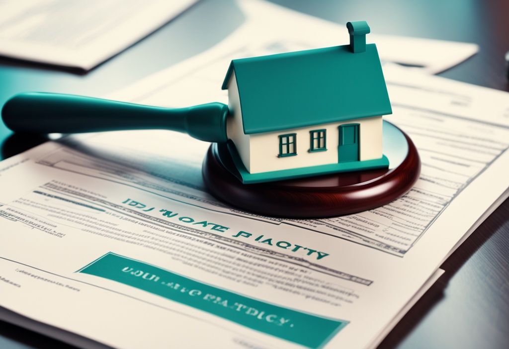 Photorealistic illustration of a gavel and house model on real estate documents with DOJ logo in teal theme.